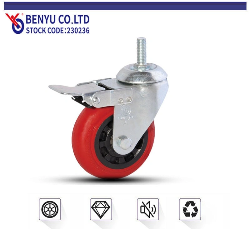 3 Inch Medium Duty Red Polyurethane Brake Caster Industrial Casters