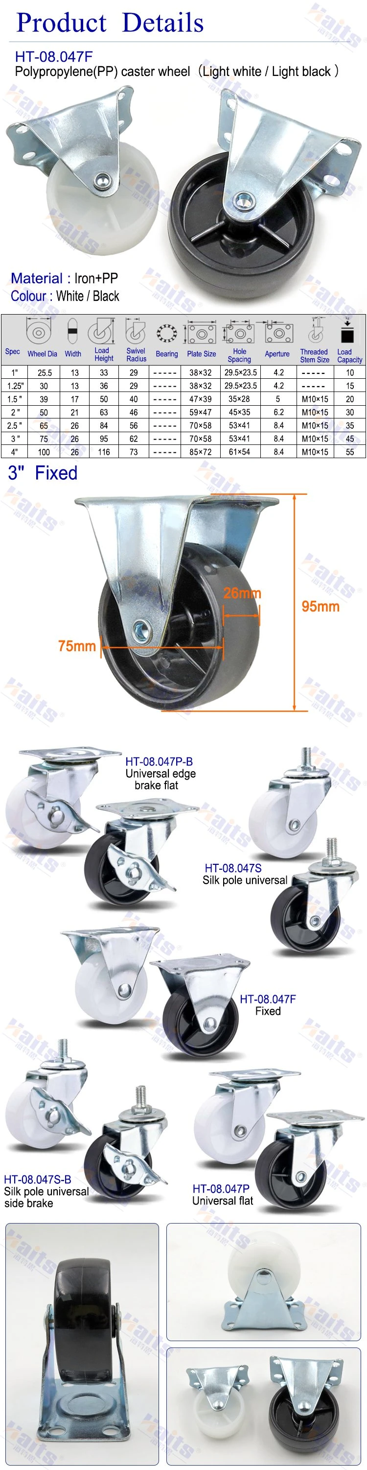 European Industrial Total Lock Brake Threaded Stem Caster with Rubber Castor Wheel