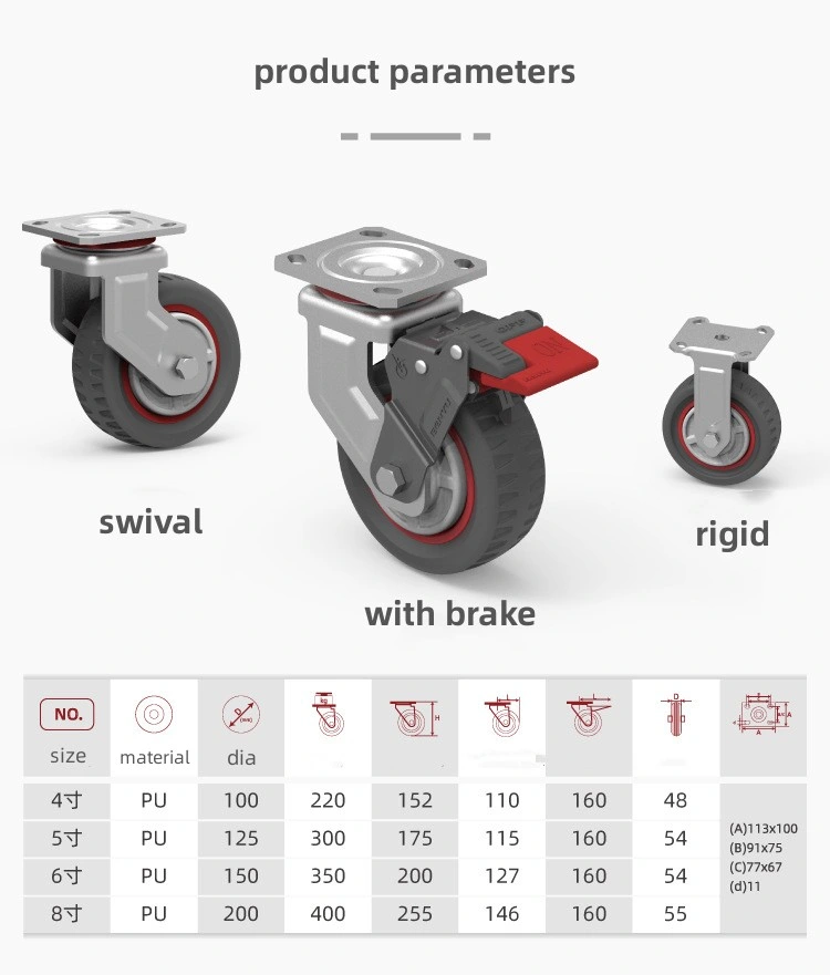 Benyu Casters 8 Inch Heavy Duty PU Universal Wheel Swivel and Fixed Caster Cart Equipment Wheel with Brake